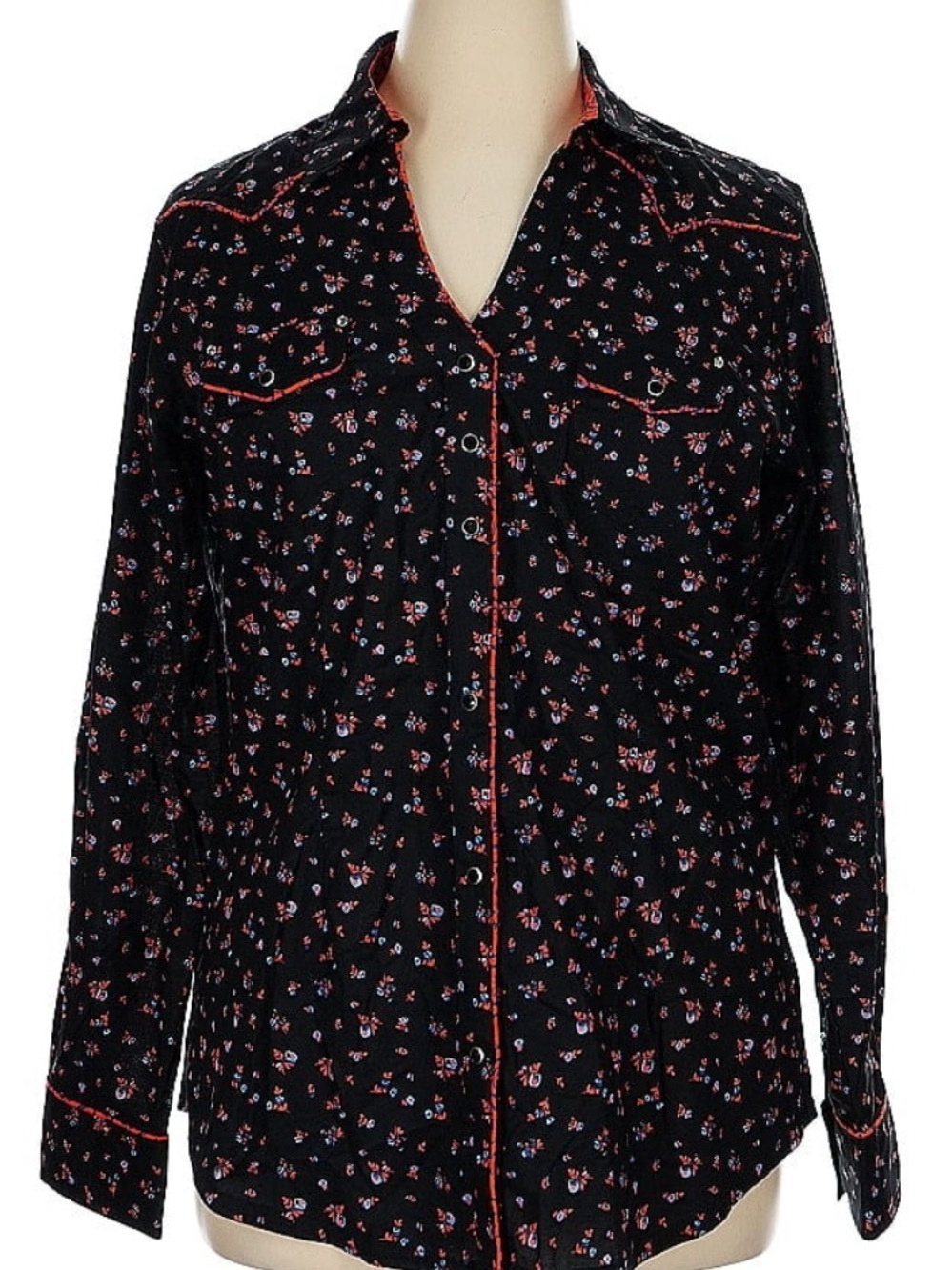 Wrapper Black Floral Button-Down Shirt with Pink Piping